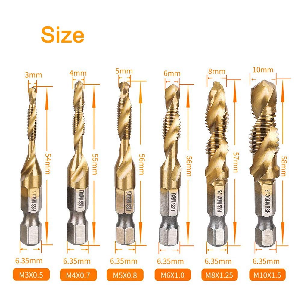 6Pcs Titanium Combination Drill and Tap Bit Set, Metric Bits Screw...
