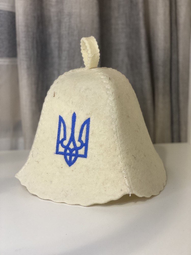 Wool Sauna Hat Bell with Red Embroidered Pattern - Natural Felt Bath Hat
