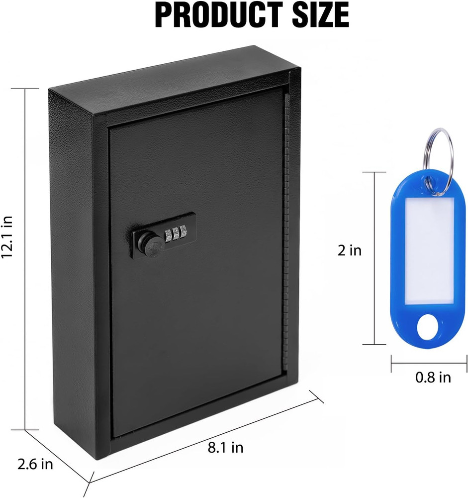 Wall-Mount Key Cabinet with Code – Metal Lock Box for 40 Keys, Includes Tags & S