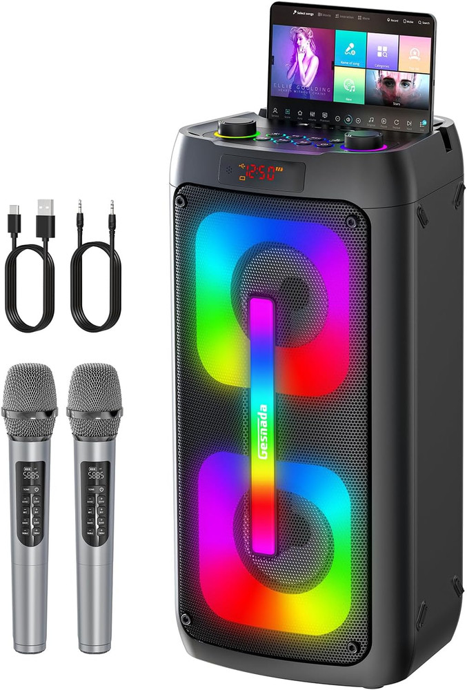 Karaoke Machine ，Portable Bluetooth Speaker, PA System with 2 Wireless Microphon