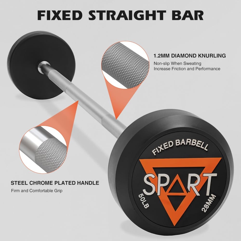 Rubber Coated Fixed Barbell, Pre-Loaded Weights Straight Solid Steel Barbells...