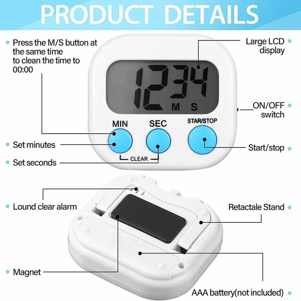 2 pack LCD digital kitchen cooking timer countdown clock loud alarm magnetic