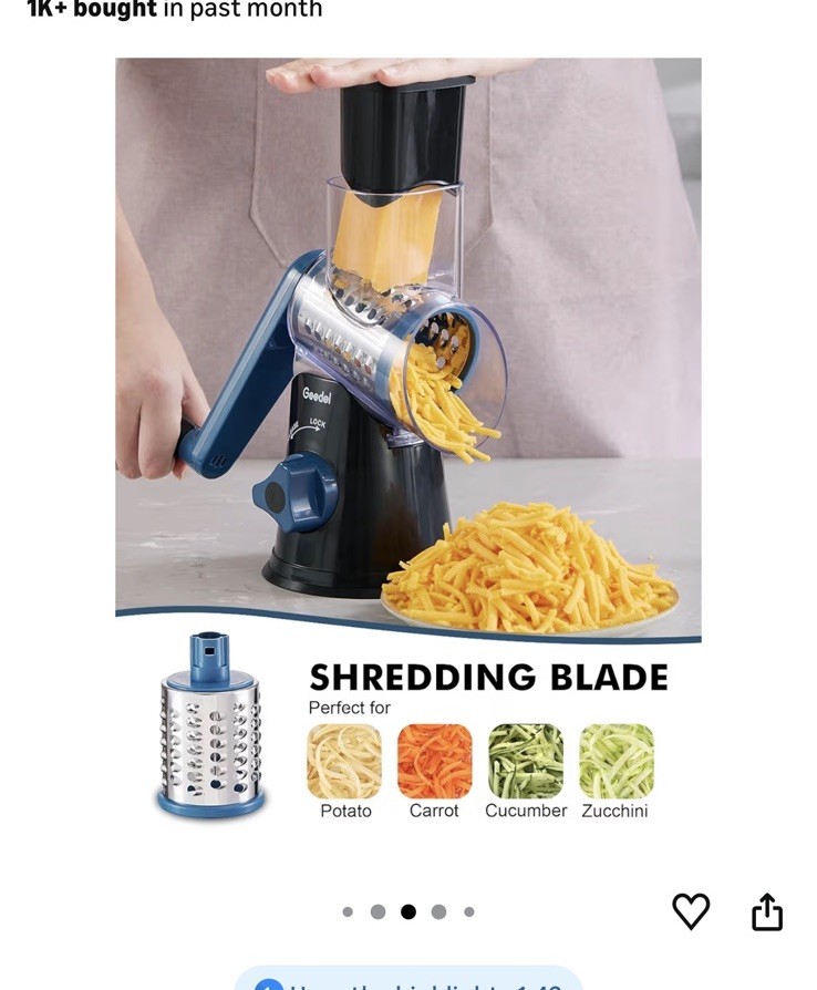 Geedel Rotary Cheese Grater with 3 Interchangeable Blades, Kitchen Mandoline ...