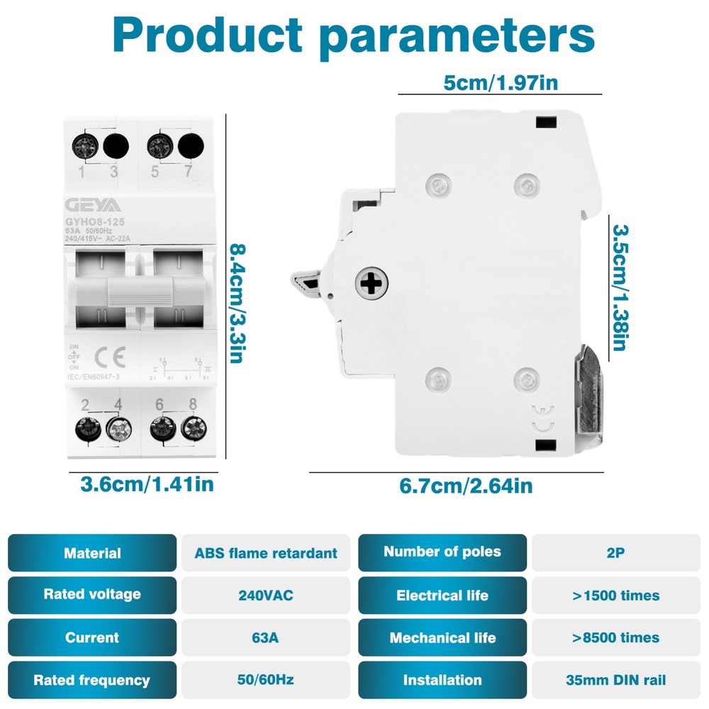 GEYA Manual Switch 63A 2P/4P DIN Rail Dual Current Switch Load Switching