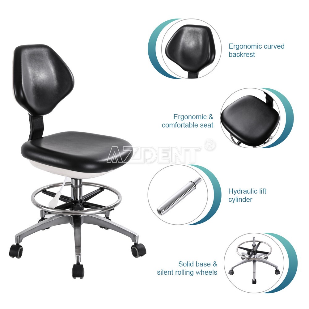Dental Assistant Mobile Rolling Stool Adjustable Height Back Support PU Leather