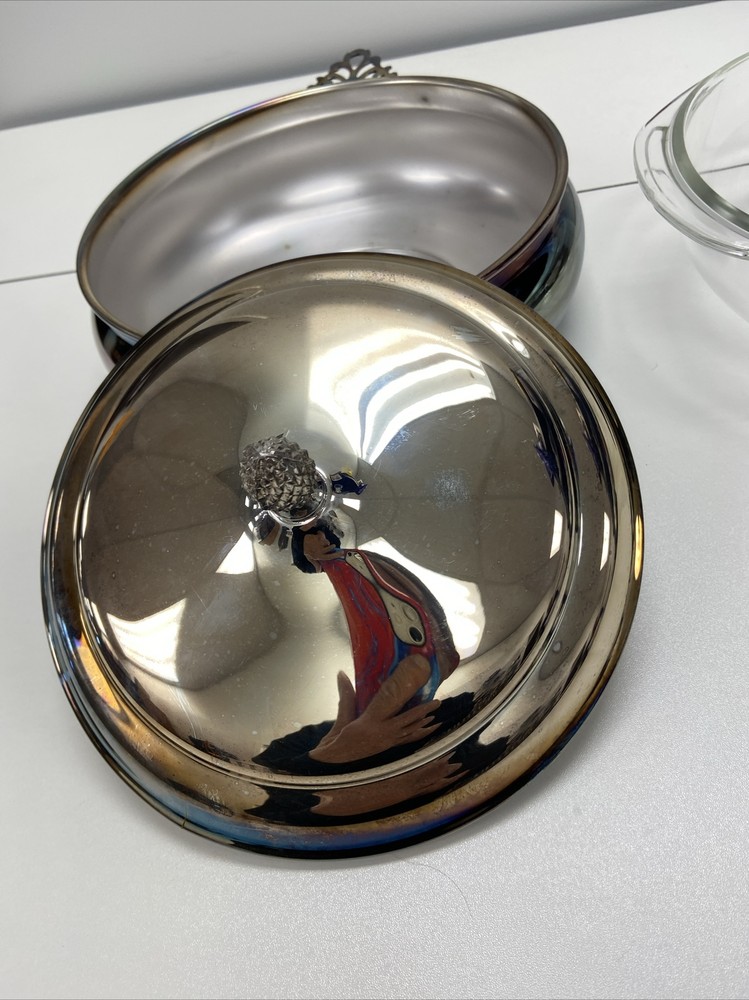Sheffield Silver Silverplated Casserole Pinecone Top Pyrex Insert Dish 9" w Lid