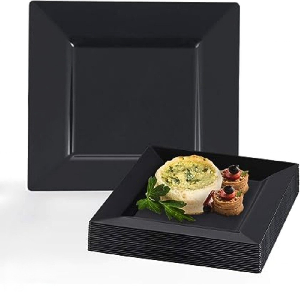 10 Square Plastic Black Dinner Plates,(18cm)For Party's Etc. Disposable/reusable