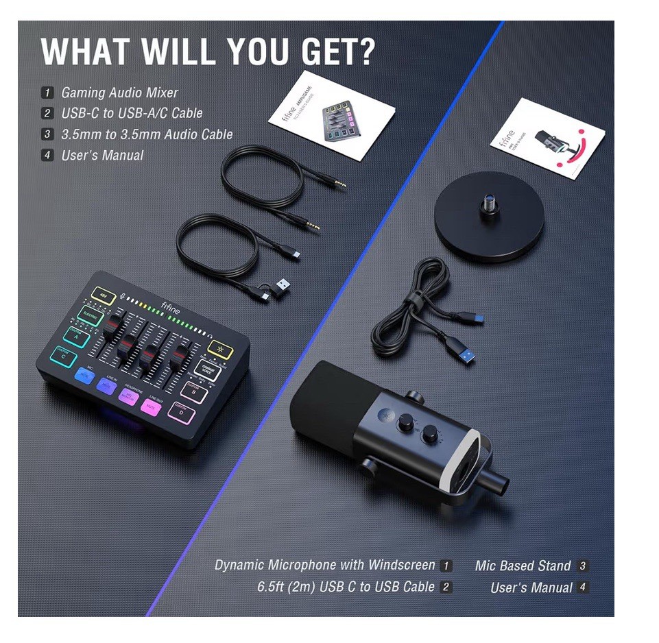 Gaming Audio Computer Streaming Microphone, 4-Channel RGB Mixer Set