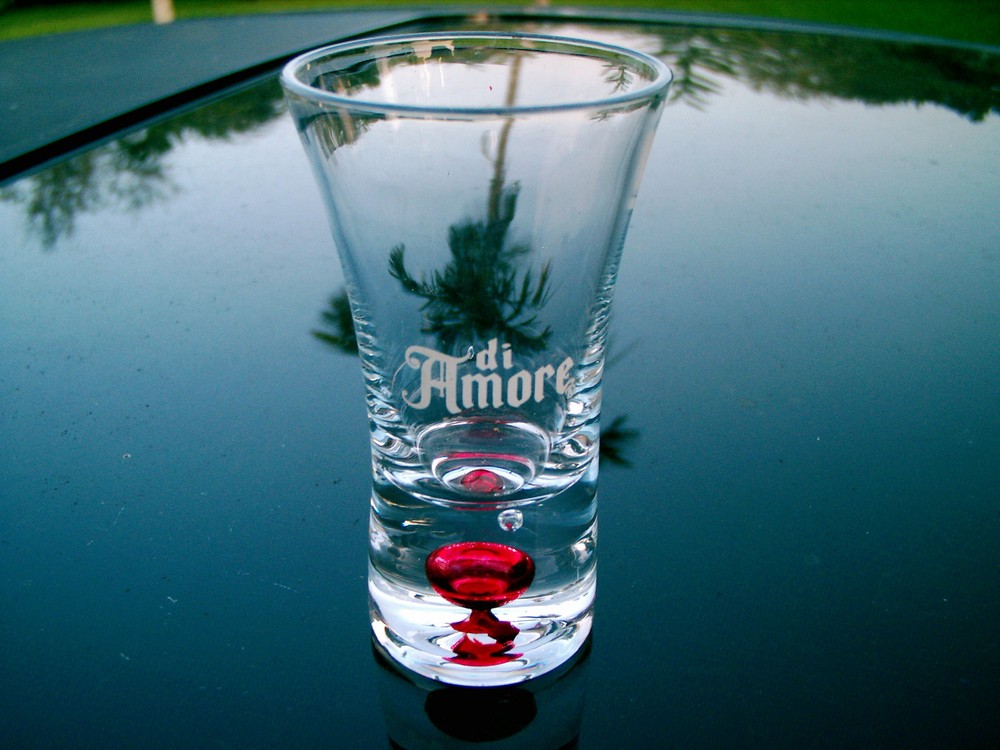 DI AMORE SHOT GLASS HEAVY STRAIGHT  RED BUBBLE BOTTOM  REPLACE