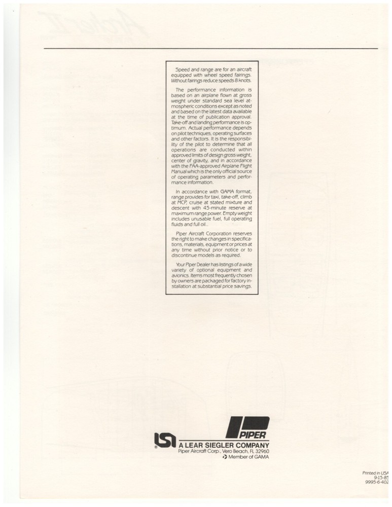 Dakota PA 28-236 Piper - 1986 Specifications & Performance Document