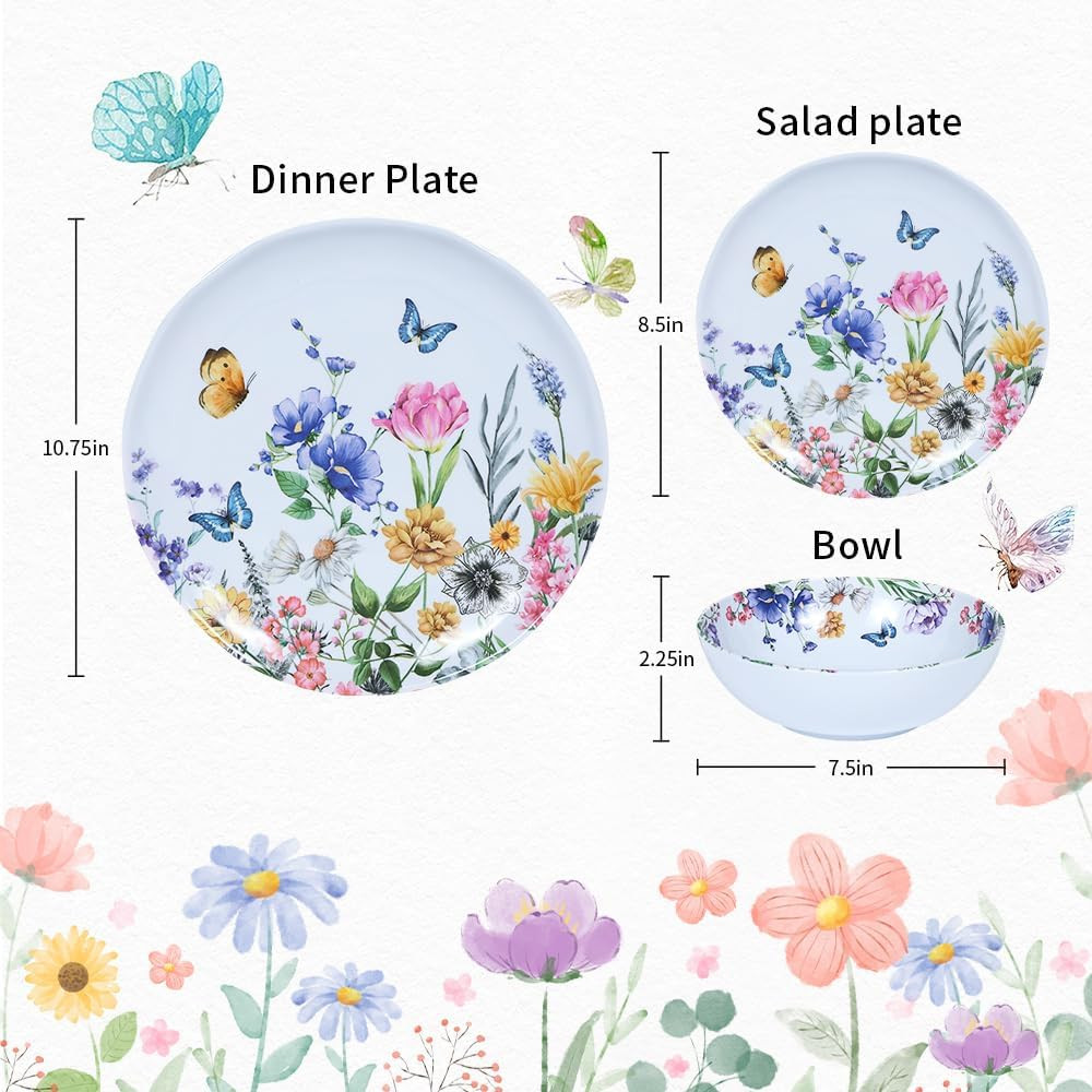 12 Piece Melamine Dinnerware Sets - Plates and Bowls Sets Floral Dinnerware Sets