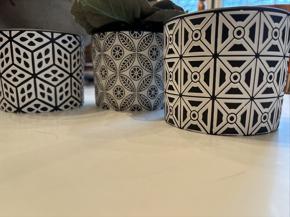 Three Ceramic Hanging Or Sill Planters With macramé B&W Designs