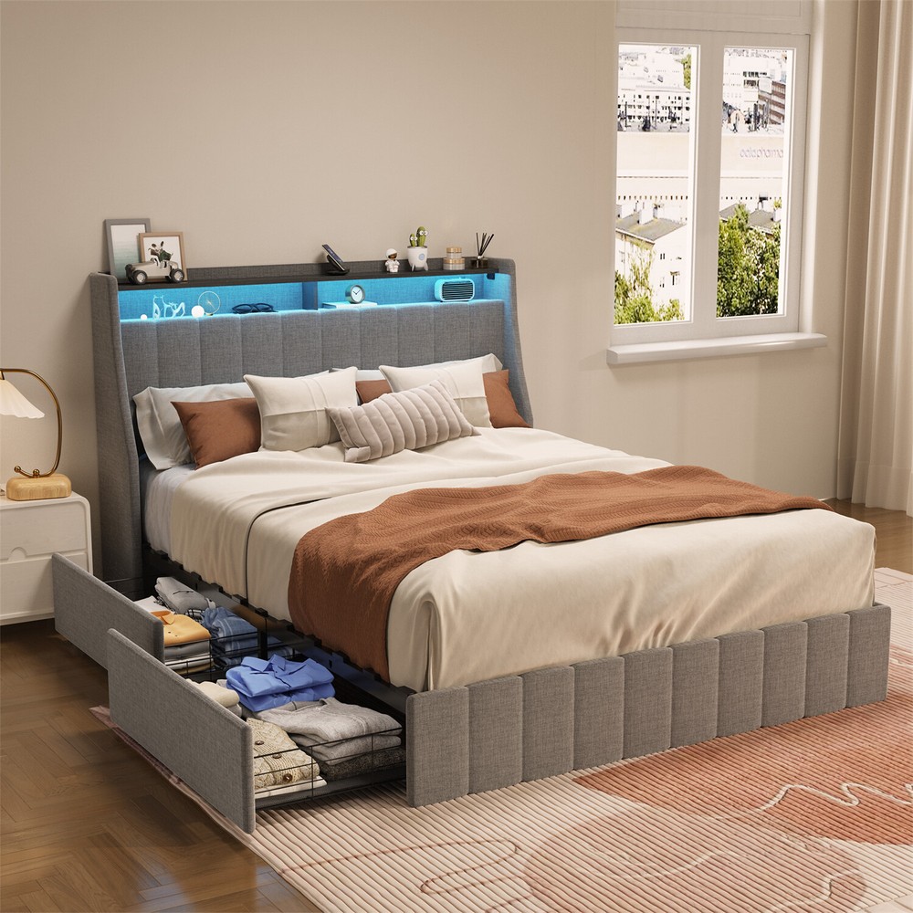 Queen Size Bed Frame Upholstered Platform Bed w/ LED Lights Headboard & 4 Drawer