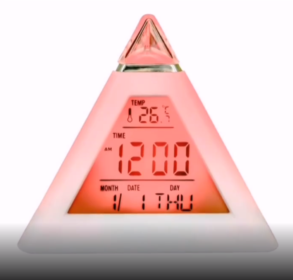 Alarm Clock Pyramid 7 LED Color Changing Timer Night Light Temperature Date
