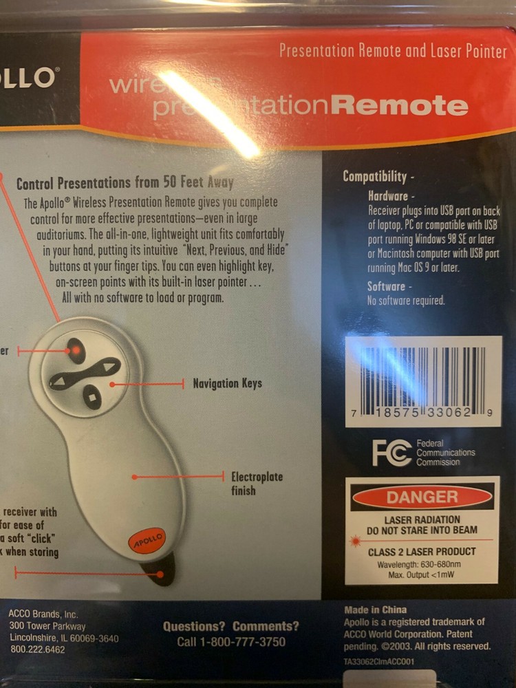 Apollo Wireless Presentation Remote & Laser Pointer TA33062