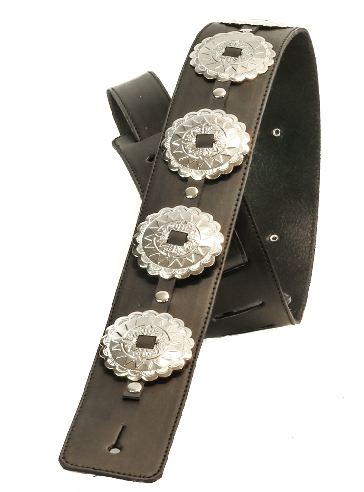 Extra Large Round Conchos High Quality Leather Black Guitar Strap