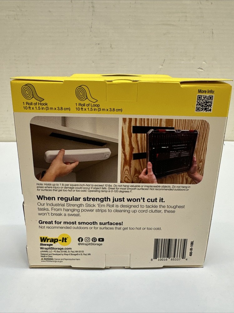 Wrap-It 10' x 1.5" Stick 'Em Adhesive Back Hook and Loop Roll