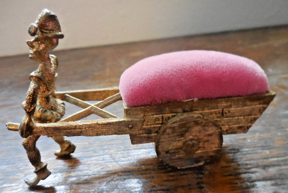 Vintage Pixie Elf Pulling Pin Cushion Cart SF Sam Fink