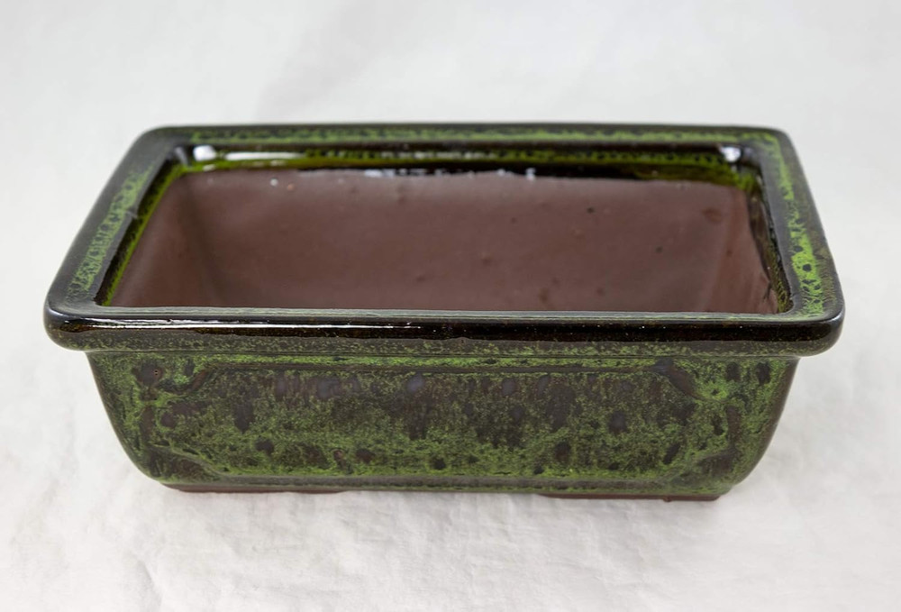 8" Rectangular Moss Green Glazed Bonsai Pot, Cactus & Succulent Planter + Tray +