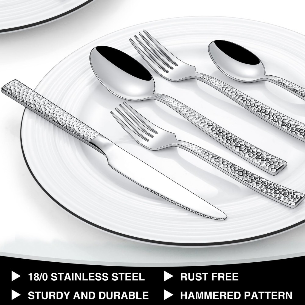 Hammered Silverware Set, 40-Piece Stainless Steel Square Flatware Set for 8, ...