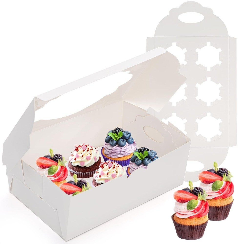 30 Pack Cupcake Boxes 10.2x6.9x4 Inch 6 Count White Containers Window Insert