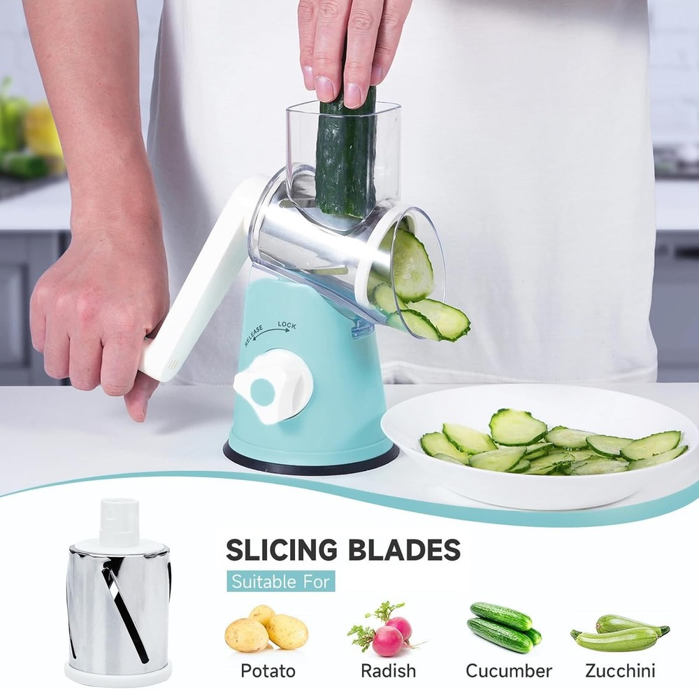 Rotary Cheese Grater, Grater Hand Crank with 3 Interchangeable Blue