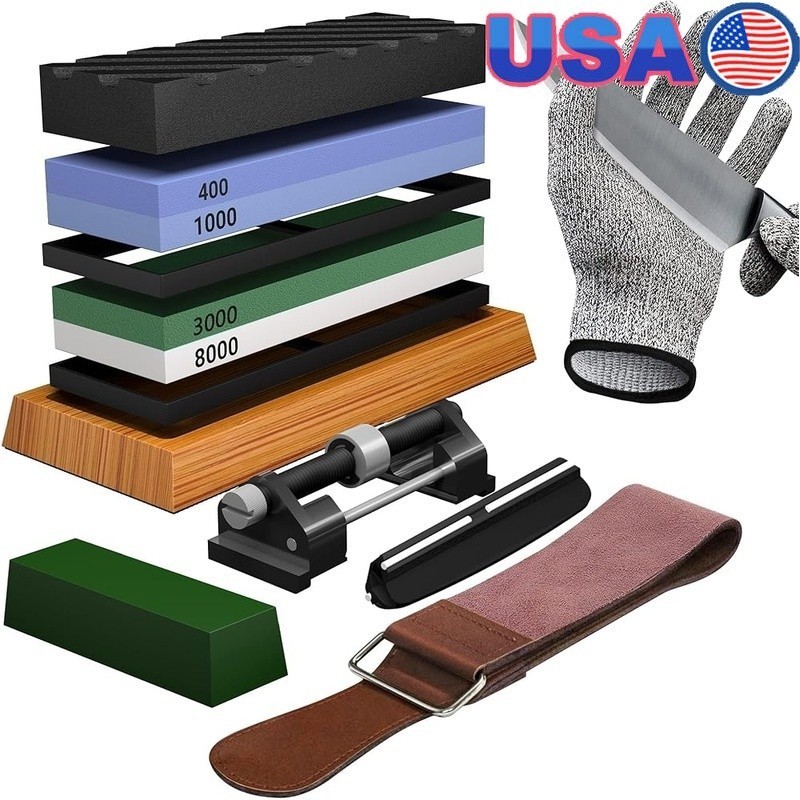 Knife Sharpening Stone Set 4 Side Grit 400/1000 3000/8000 Whetstone Sharpener
