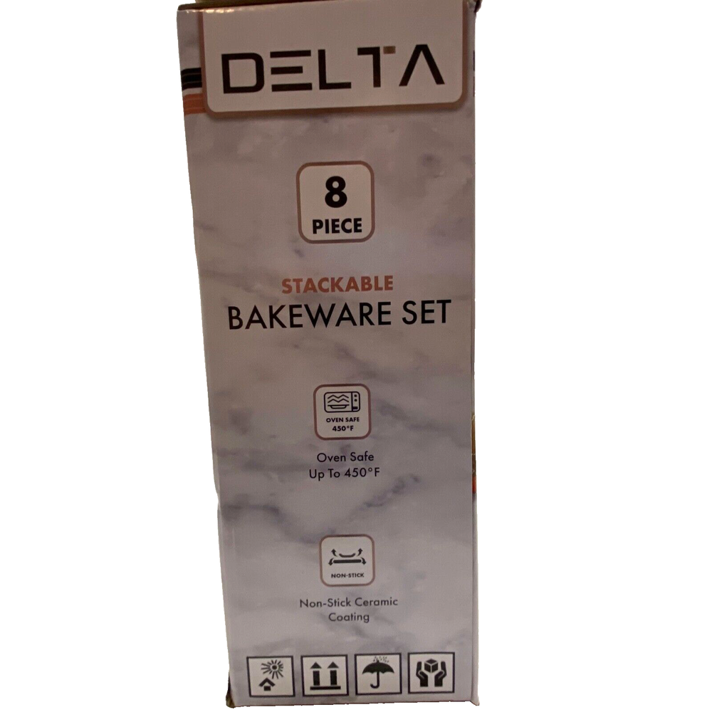 Delta 8 Piece Nonstick Stackable Bakeware Set Matte Black Rose Gold Trim NIB