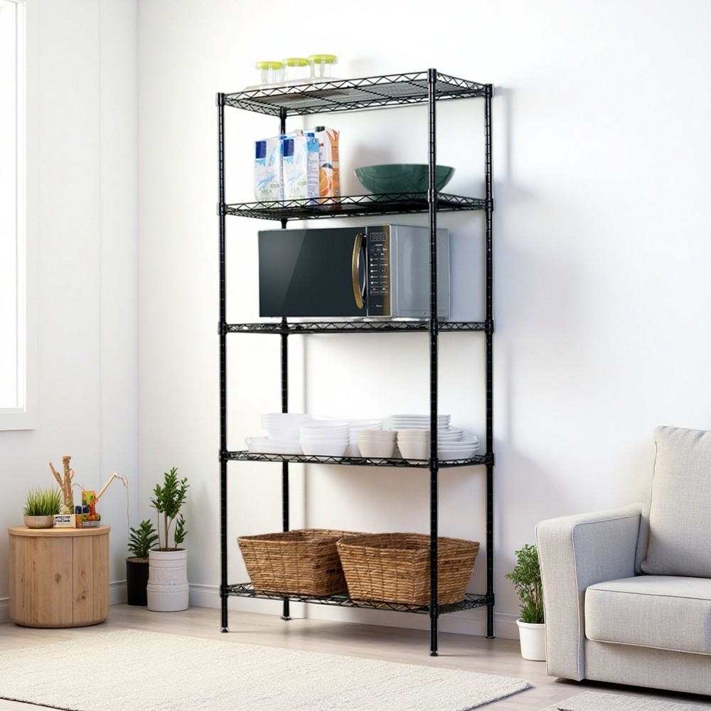 5-Tier Wire Shelving Unit - Adjustable, Black & Modular Kitchen Storage Rack