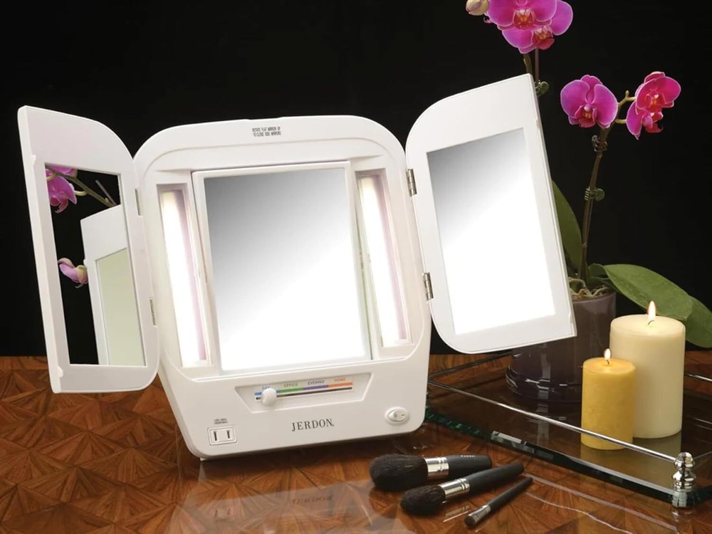 Modern Lighted Tri-Fold Makeup Mirror -with 5x Magnification and Multiple Lights