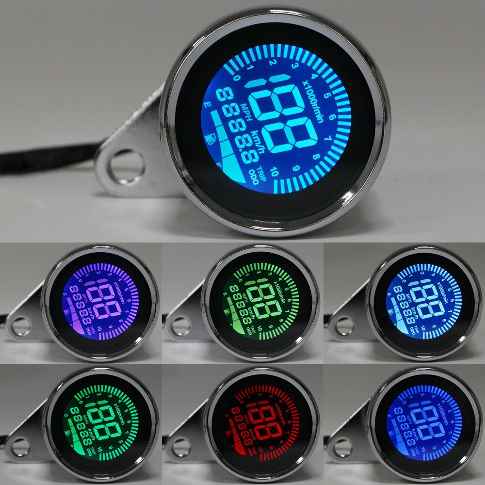 LCD Digital Motorcycle Gauge Universal Speedometer Tachometer Odometer Chrome