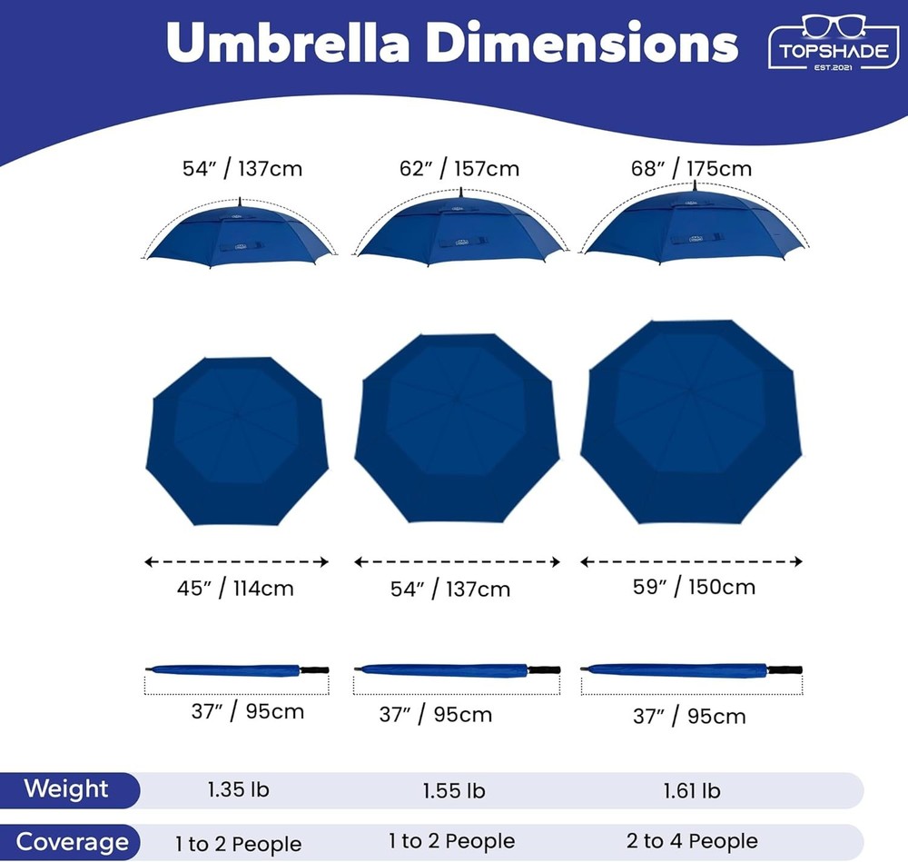 Golf Umbrella 54/62/68 inch, Double Canopy, Automatic Open