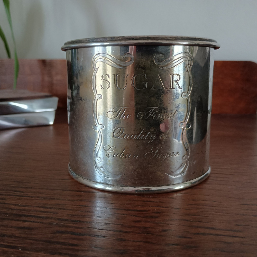 Vintage Silver plated Sugar Dish, Etched Front Flap Lid