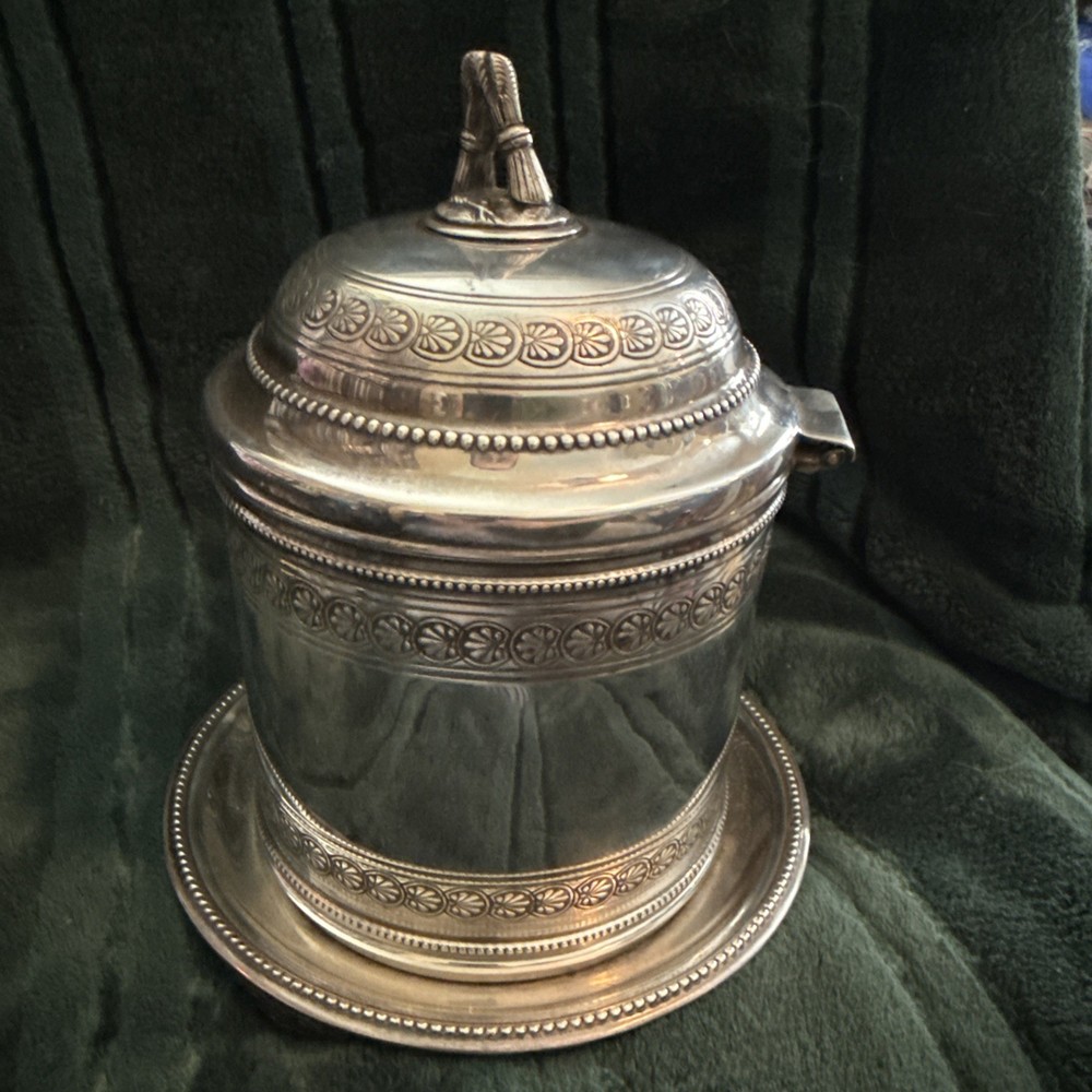 Victorian Style, Silverplate Biscuit Barrel, Footed, Hinged Lid - Source Perrier