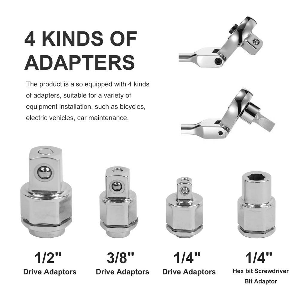 Flex-Head Extra Long Ratcheting Wrenches Double Box End Wrench Set, 4 Adapters