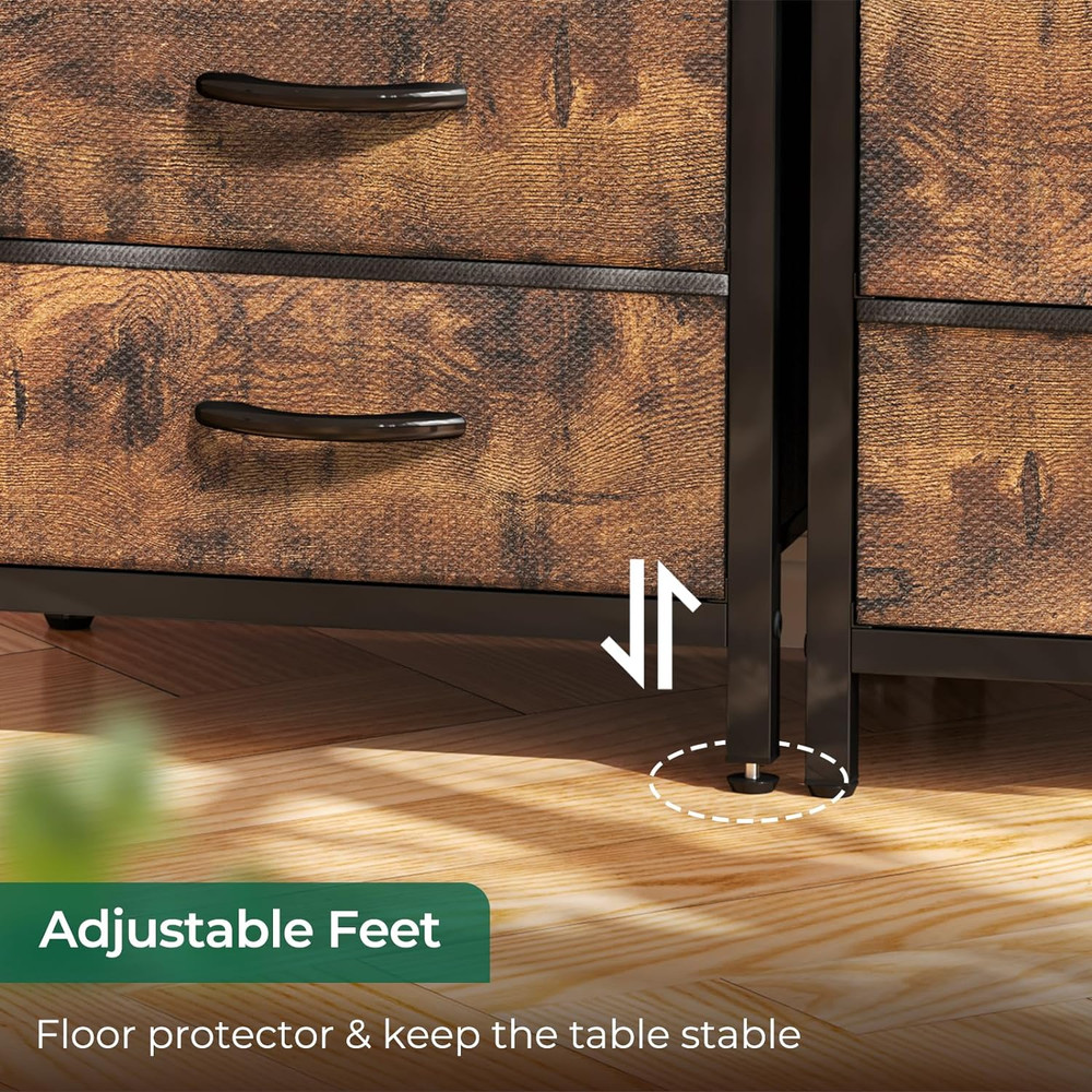 Rustic Brown Nightstand, Charging Station, Bedside Table w/ 3 Fabric Drawers
