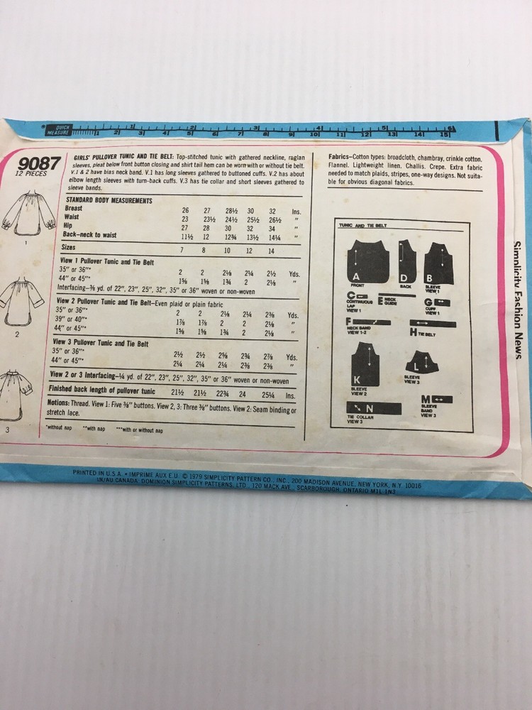 Simplicity Sewing Pattern 9087 Girls Size 7 8 Pullover Tunic and Tie Belt Top