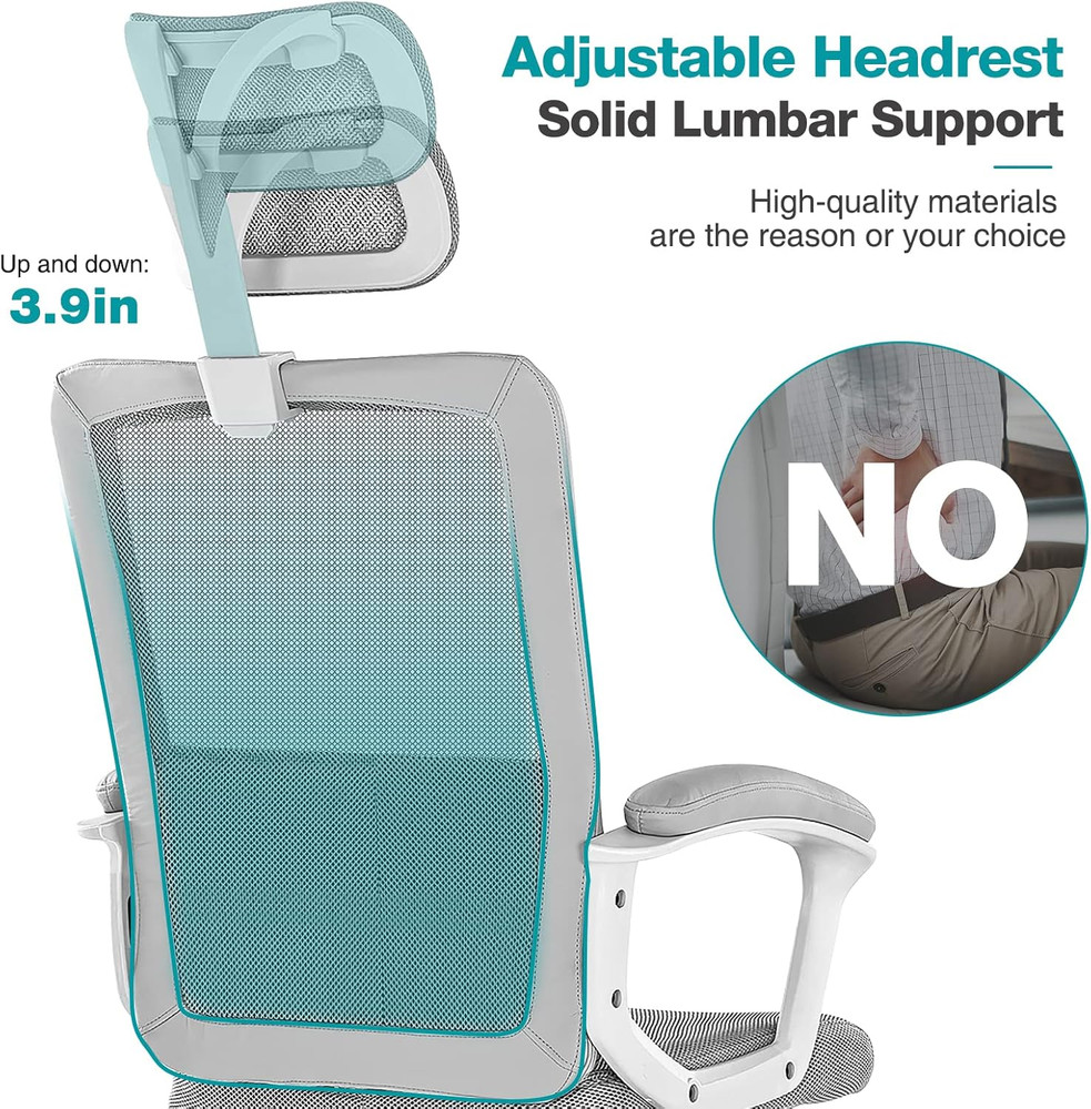 Ergonomic Mesh Office Chair with Adjustable Height & Headrest - Grey