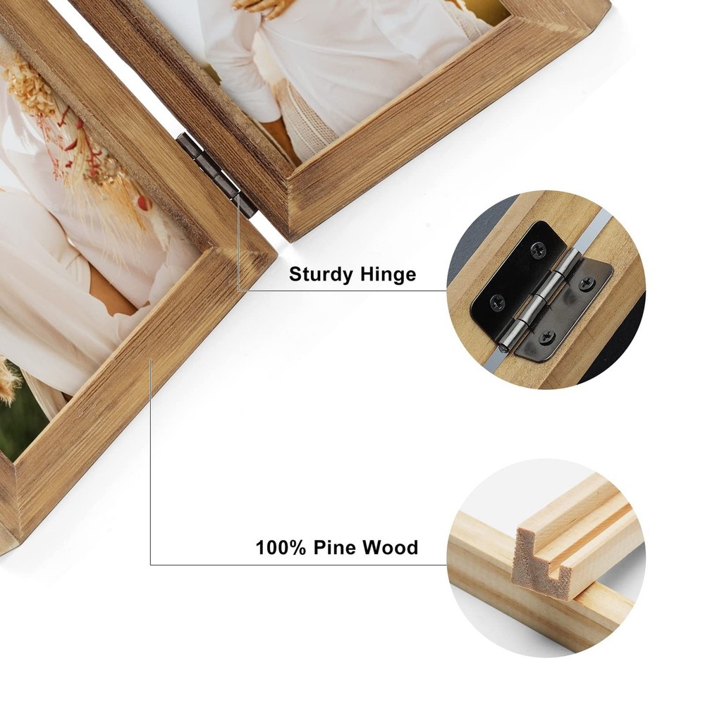 Double 4X4 Picture Frames Hinged Folding Rustic Photo Frames in Brown for Wal...