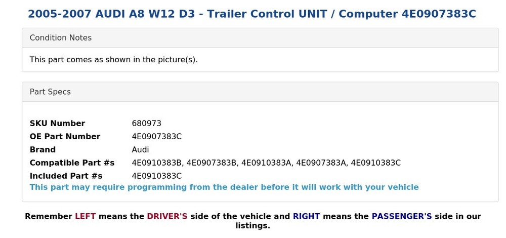 2005-2007 AUDI A8 W12 D3 - Trailer Control UNIT / Computer 4E0907383C