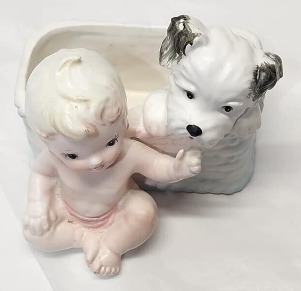 Ceramic Baby with Puppy Basket Planter