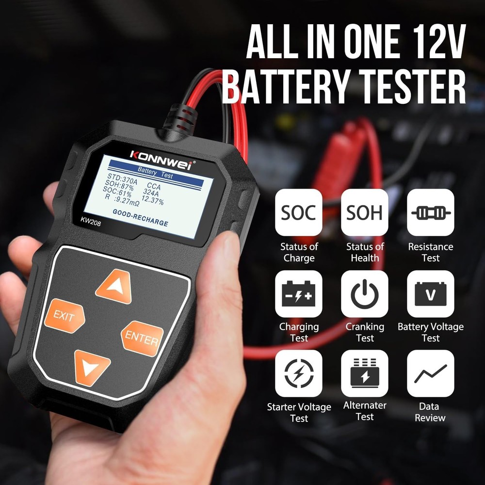 Compact Multi-Function 12V Battery Tester: Starter & Charging System Testing