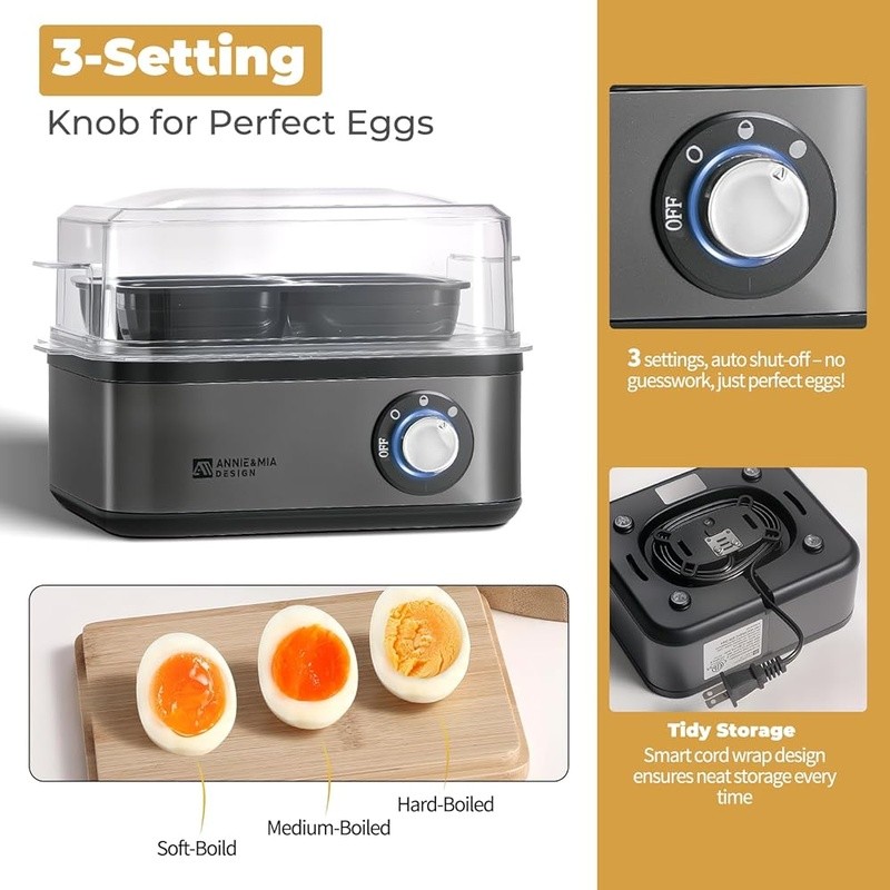 Egg Cooker 8 Egg Capacity Knob Control Soft Medium Hard Boiled Easy Clean New