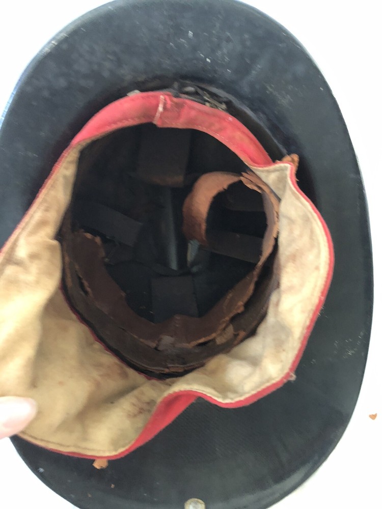 VINTAGE BLACK PLASTIC FIRE HELMET ~ MHC #2 LEATHET FRONT