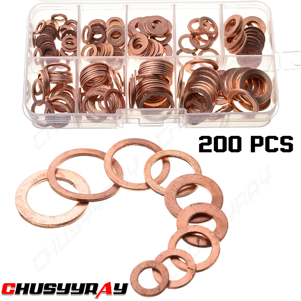 200pcs Flat Copper Washer Assortment Set 9 Sizes M5-M14 O Ring Copper Gaskets