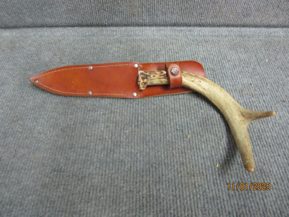 Antler Fixed Blade Handmade Knife w Leather Sheath
