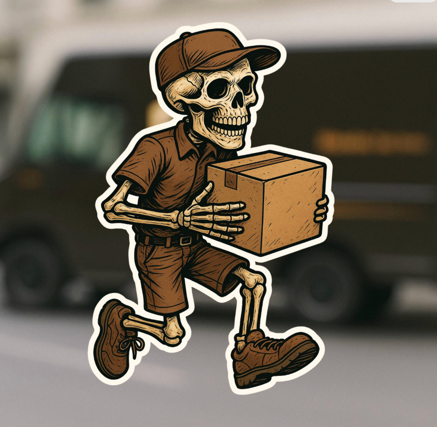 2" Skeleton Delivery Driver Sticker, Decal, Truck, Package, Brown, Work, Skull