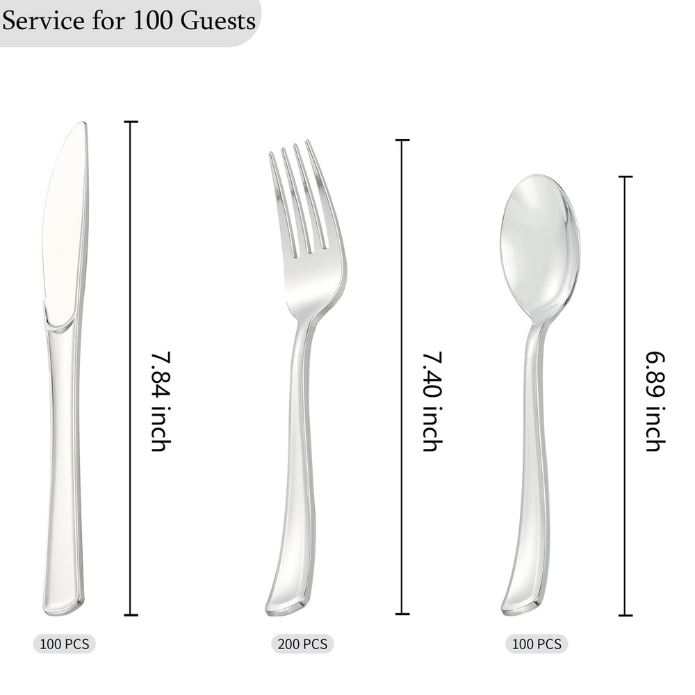400 PCS Silver Plastic Silverware Set,Disposable Cutlery Set Heavy Duty Flatw...