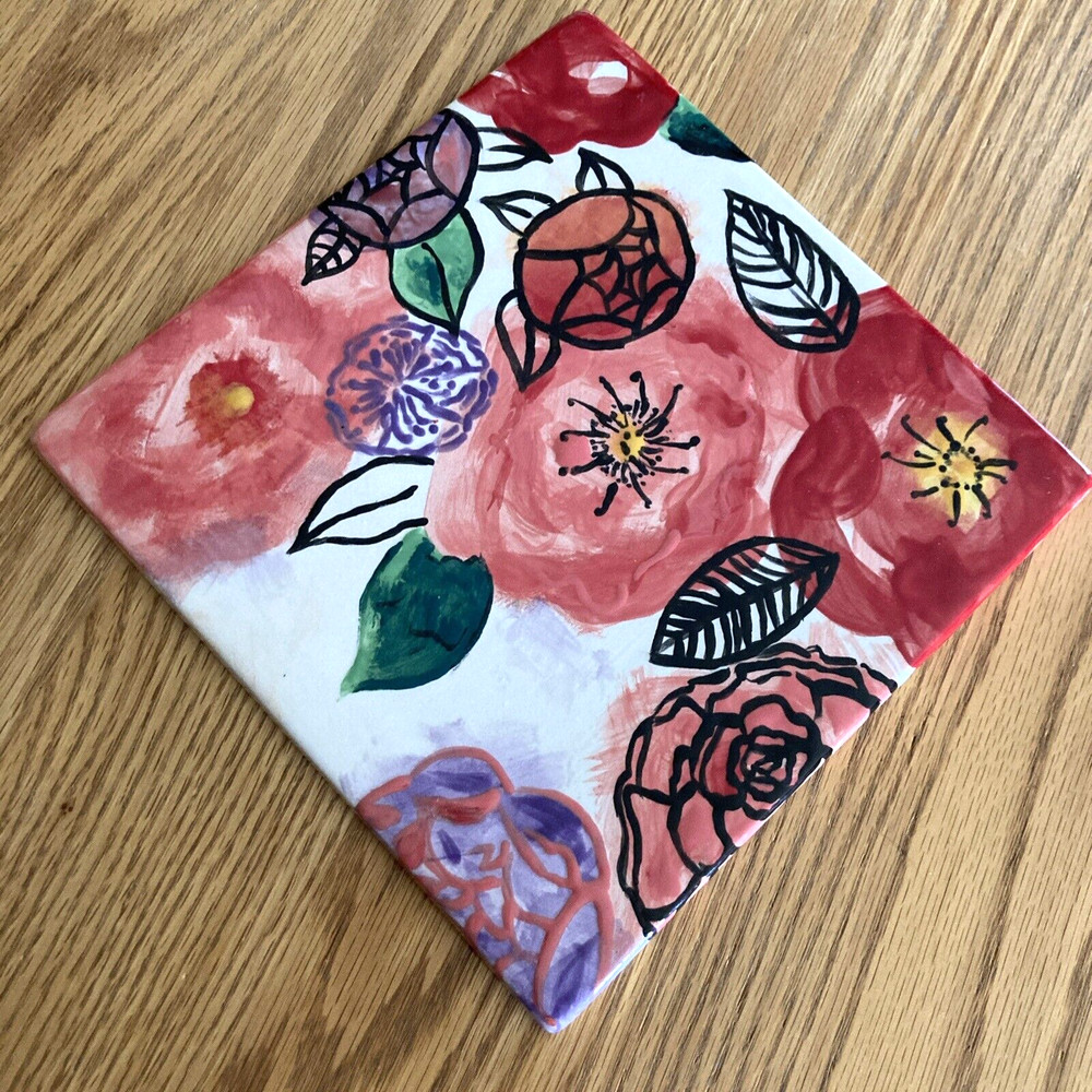 Decorative Tile Handmade 8” Square Floral Ceramic Tile Red Pink Green Signed