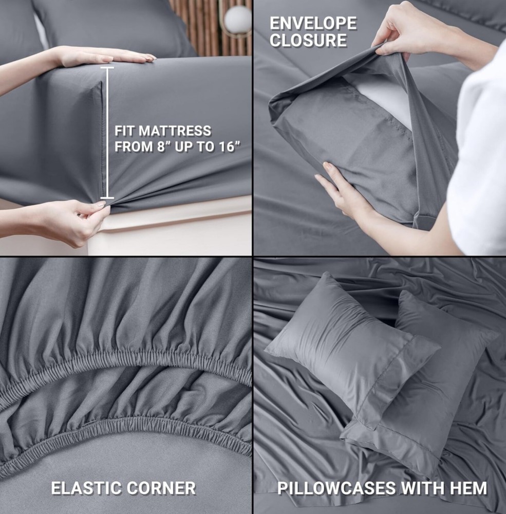 Queen Bed Sheets Set - 4 Piece Bedding - Brushed Microfiber - Shrinkage and Fade
